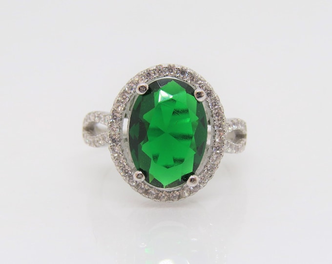 Vintage Sterling Silver Emerald & White Topaz Ring Size 9