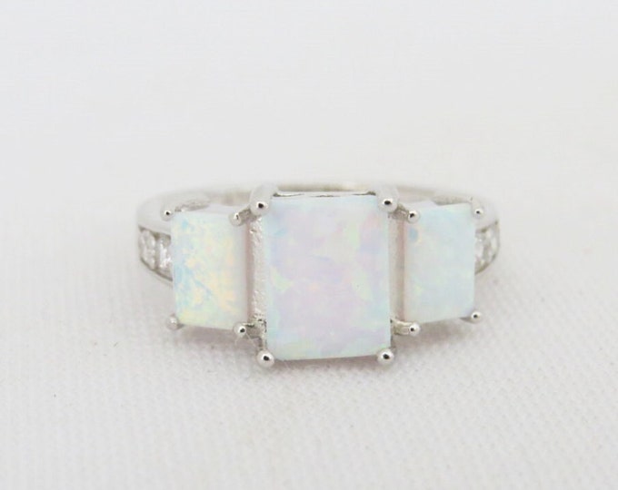 Vintage Sterling Silver Radiant cut White Opal & White Topaz Ring Size 7
