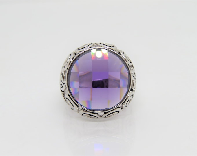 Vintage Modernist Sterling Silver Faceted Amethyst Dome Ring Size 8