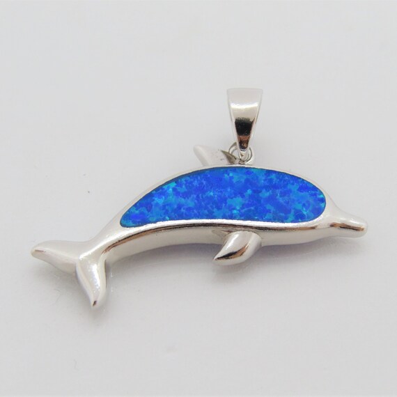 Vintage Sterling Silver Blue Opal Dolphin Pendant - image 3