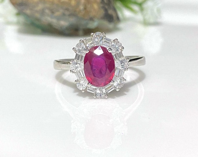 Vintage Sterling Silver Natural Oval cut Ruby & White Topaz Ring Size 8