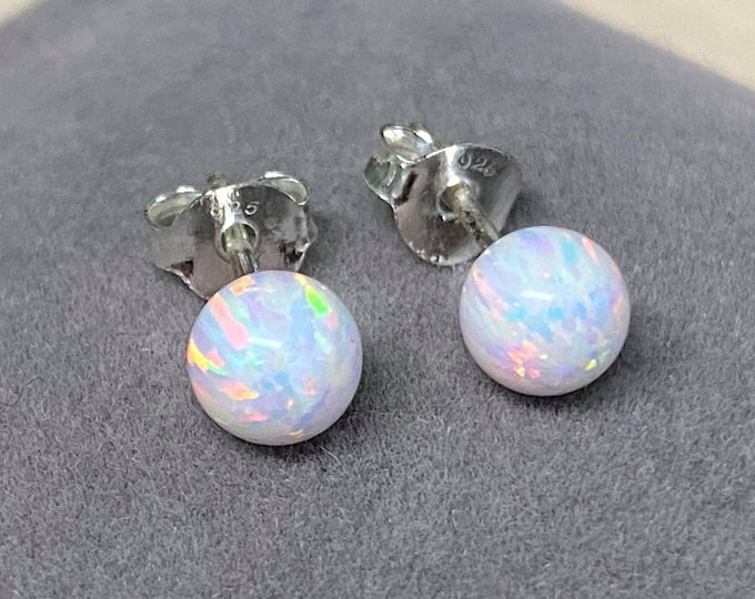 Vintage Sterling Silver White Opal Ball Stud Earrings 5MM
