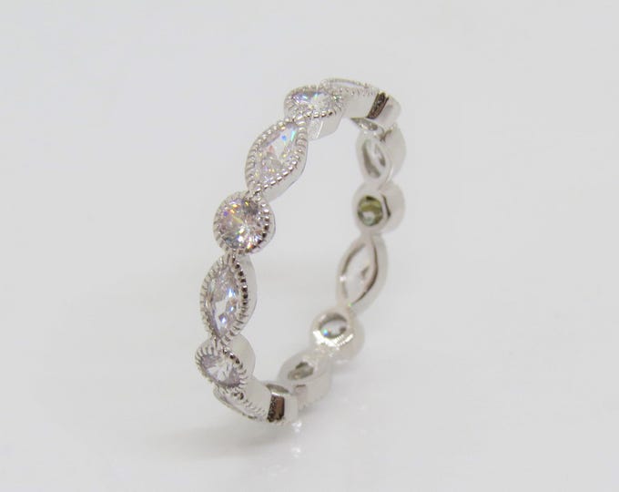 Vintage Sterling Silver Marquise, Round cut White Topaz Eternity Ring Size 8