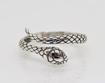 Simulated Garnet Red Eyes Snake Animal Ring - .925 Sterling Silver Band, Sizes 6 To 12 - View #3