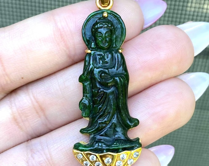 Vintage 18K Solid Gold Green Jadeite Jade, White Topaz Buddha Pendant Mat Phat A DI DA.