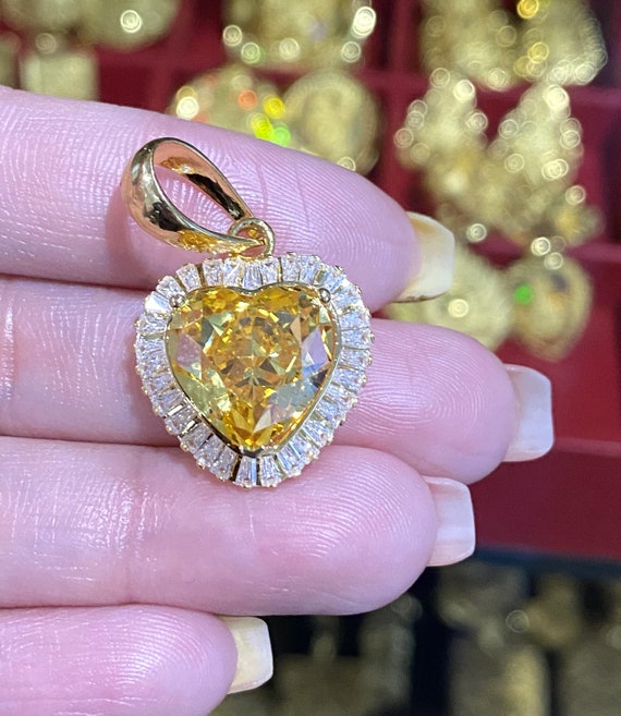 Vintage 15K 610 Solid Gold Heart Cut Citrine & White Topaz