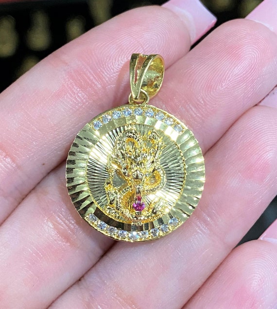 Vintage 18K Solid Yellow Gold Ruby Diamond cut Dr… - image 1