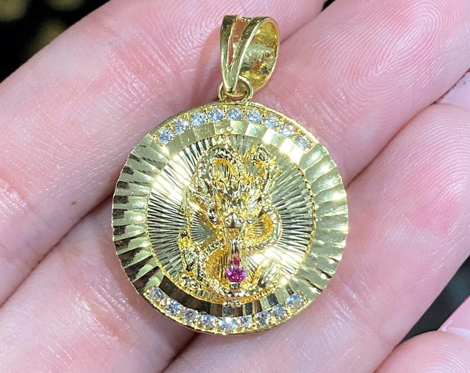Vintage 18K Solid Yellow Gold Ruby Diamond cut Dragon Pendant.