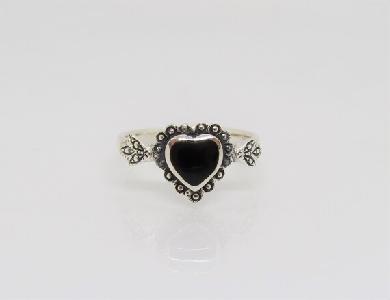 Vintage Sterling Silver Black Onyx Heart Ring Size 8 Etsy