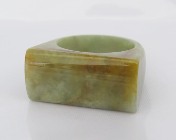 Vintage Translucent Natural Green Yellow Brown Jadeite Jade Saddle Band Ring Size 8