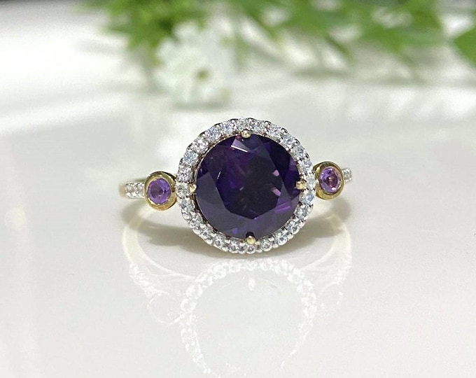 Vintage Sterling Silver Gold Vermeil Natural Amethyst & White Topaz Ring Size 7