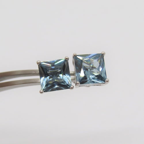 Vintage Sterling Silver Square cut Aquamarine Stud Earrings 8MM