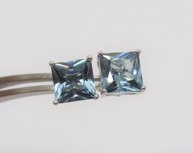 Vintage Sterling Silver Square cut Aquamarine Stud Earrings 8MM