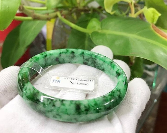 Vintage Translucent Natural Floral Green, White Jadeite Jade Bangle Bracelet 56.7MM