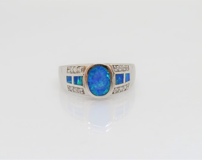 Vintage Sterling Silver Blue Opal & White Topaz Dome Ring Size 8