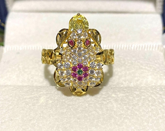 Vintage 15K 610 Solid Yellow Gold Citrine, Emerald, Ruby & White Topaz Frog Ring Size 7