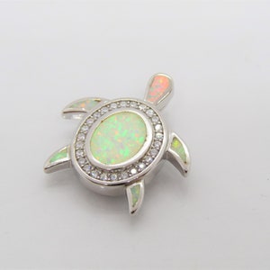 Vintage Sterling Silver White Opal & White Topaz Turtle Pendant