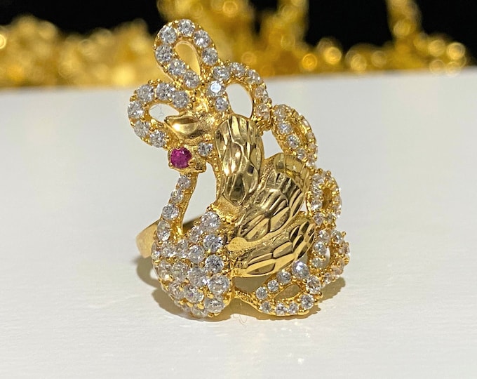 Vintage 18K Solid Yellow Gold Ruby & White Topaz Peacock Ring Size 6