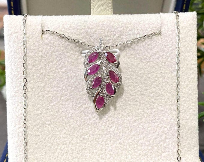 Vintage Sterling Silver Natural Ruby & White Topaz Leaf Pendant Chain. 17''