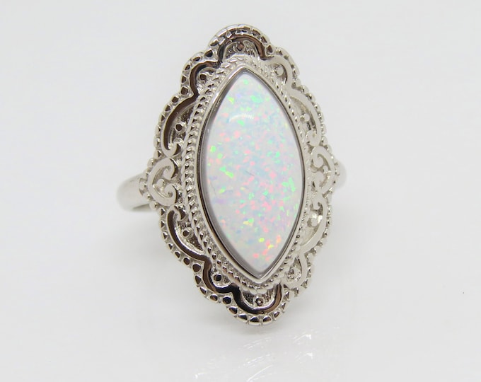 Vintage Sterling Silver Marquise White Opal Carved Dome Ring Size 8