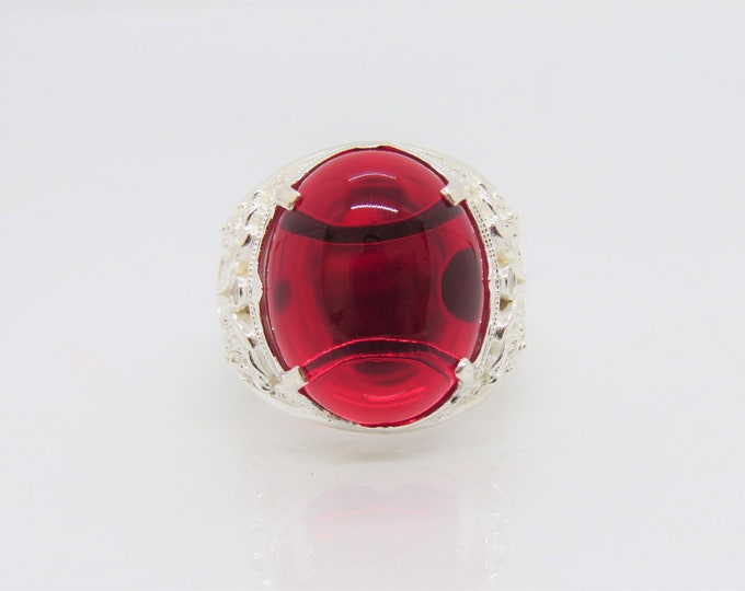 Vintage Sterling Silver Oval Ruby Men's Ring Size 9