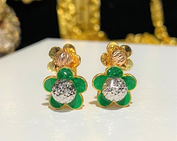 Vintage 18K Solid Yellow, White, Rose Gold Enamel Flowers Earrings.