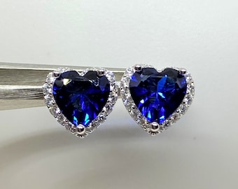 Vintage Sterling Silver Heart cut Blue Sapphire & White Topaz Earrings.