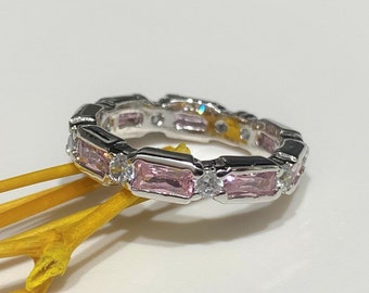 Sterling Silver Pink Sapphire & White Topaz Band Ring.