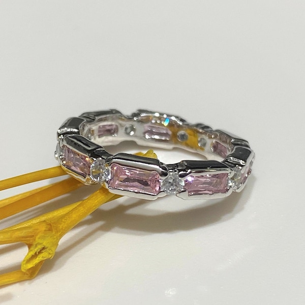 2.5mm Created Sapphire & White Topaz Band Ring - Sterling Silver, Size 8