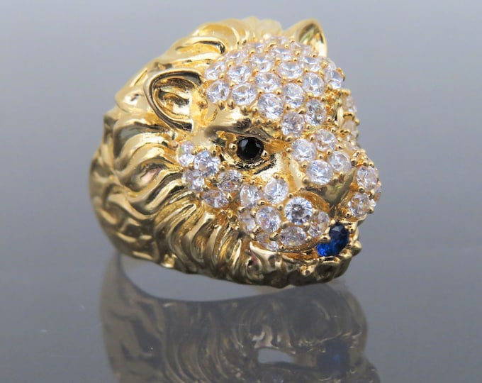 Vintage 18K Solid Yellow Gold White Topaz, Blue & Black Sapphire Lion Head Ring Size 9
