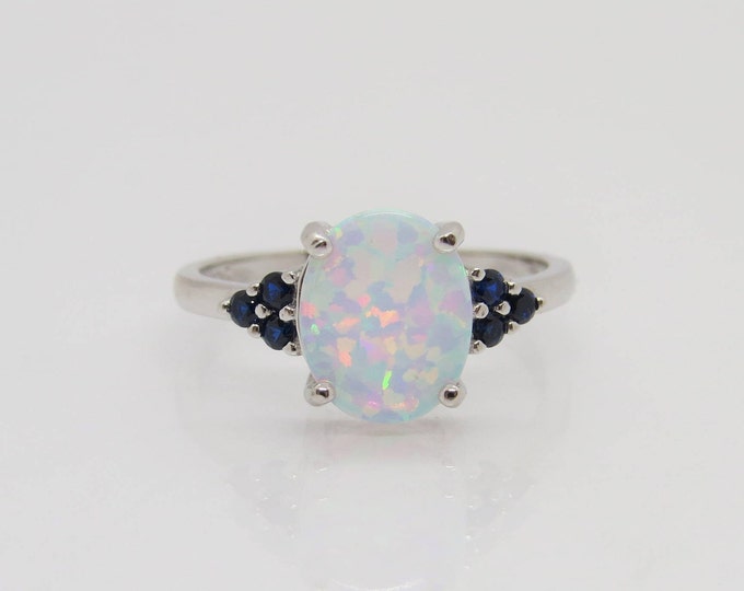 Vintage Sterling Silver White Opal & Blue Sapphire Ring Size 5
