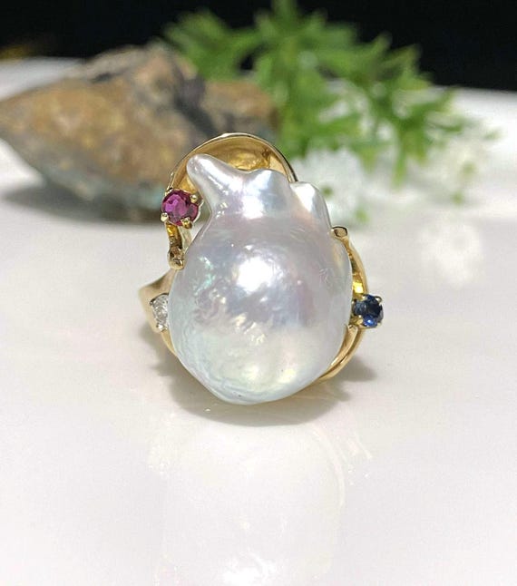 ヴィンテージ 14K ゴールド バロック パール リング: ダイヤモンド 