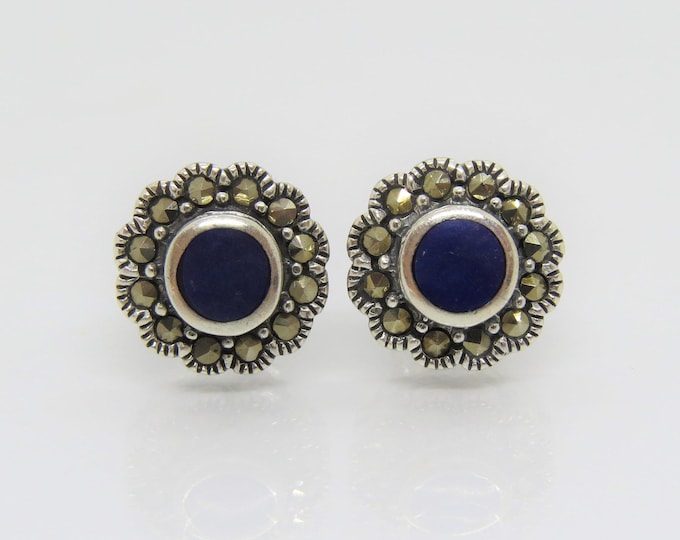 Vintage Sterling Silver Lapis Lazuli & Marcasite Stud Earrings