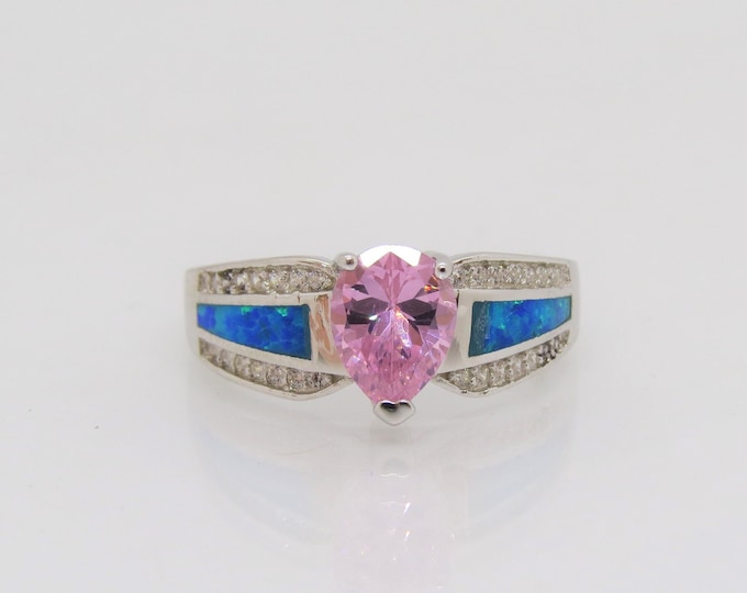 Vintage Sterling Silver Pink Sapphire & Blue Opal Ring Size 9