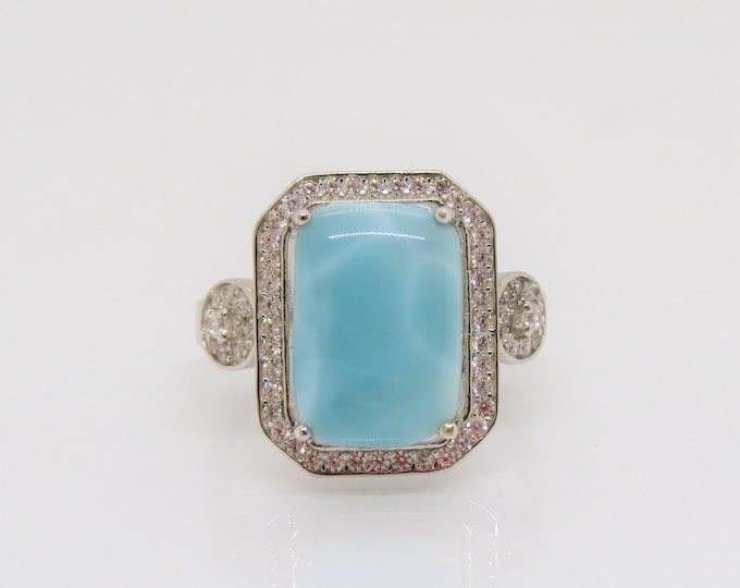 Vintage Sterling Silver Natural Larimar & White Topaz Ring Size 7
