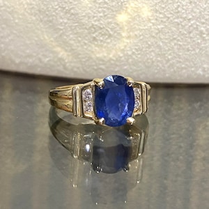 Vintage 14K Solid Yellow Gold Natural Blue Sapphire & Diamond Ring Size 6