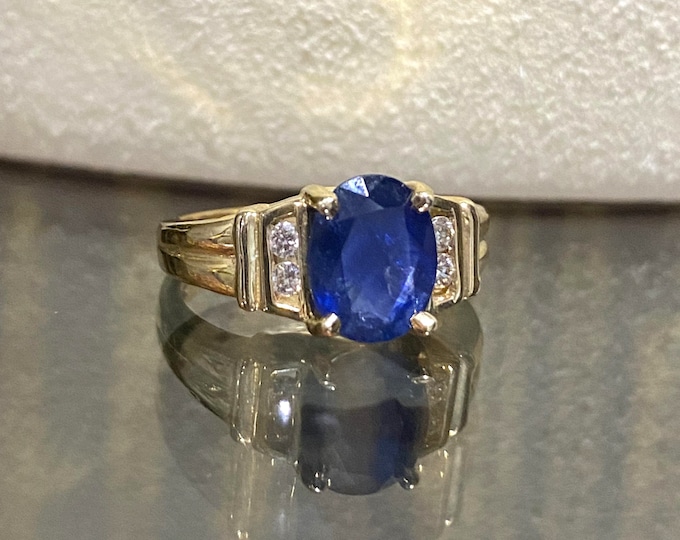 Vintage 14K Solid Yellow Gold Natural Blue Sapphire & Diamond Ring Size 6
