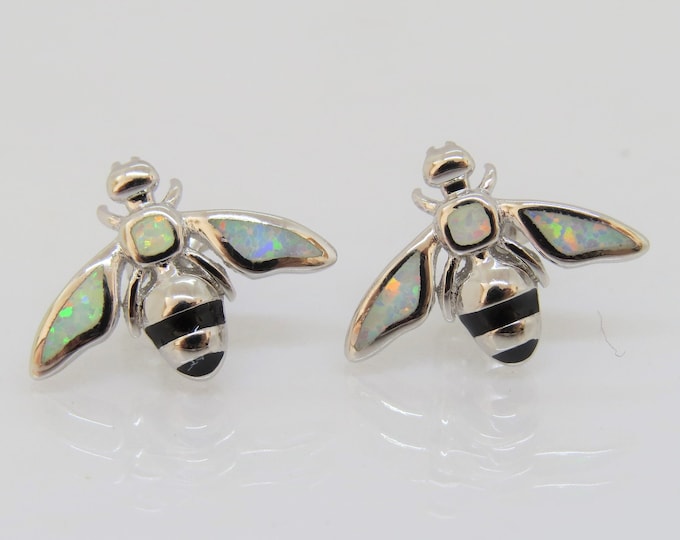 Vintage Sterling Silver White Opal & Black Onyx Bee Earrings