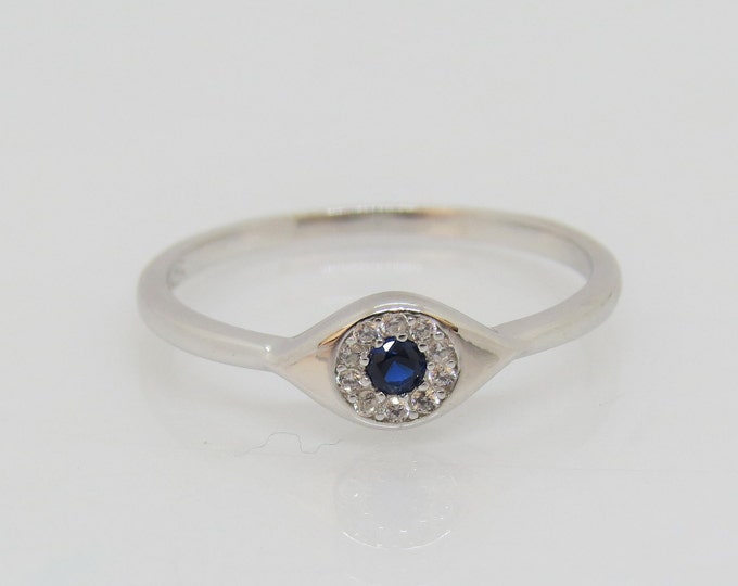 Vintage Sterling Silver Blue Sapphire & White Topaz Eye, Evil Eye Ring.