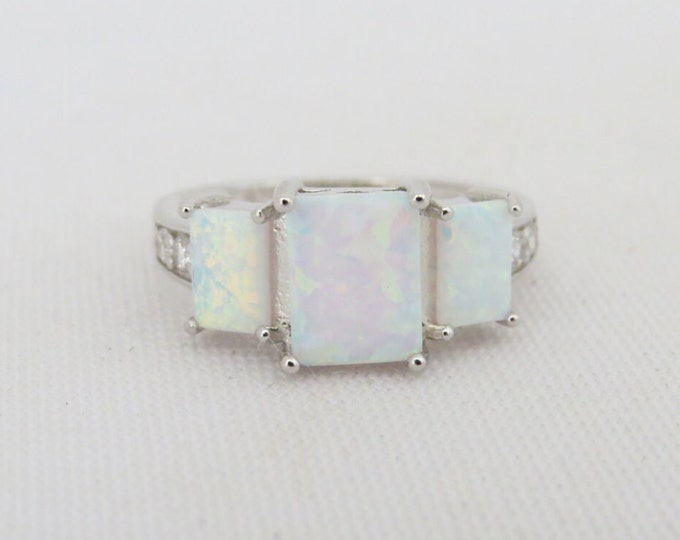 Vintage Sterling Silver Radiant cut White Opal & White Topaz Ring Size 6