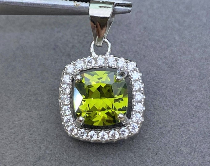 Vintage Sterling Silver Cushion Peridot & White Topaz Halo Pendant