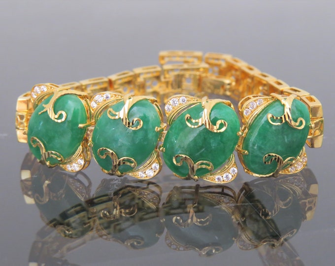 Vintage 18K Gold Natural Translucent Green Jadeite Jade White Topaz Bracelet 6 6/8''