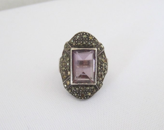 Vintage Sterling Silver Natural Amethyst & Marcasite Ring Size 5.5