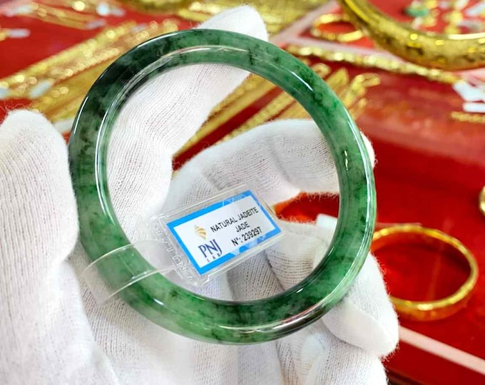 Vintage Translucent Natural Green, Black Jadeite Jade Bangle Bracelet 58.3MM