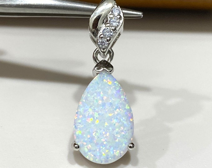 Sterling Silver Pear cut White Opal & White Topaz Pendant.