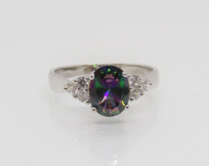 Vintage Sterling Silver Rainbow Topaz & White Topaz Ring Size 10
