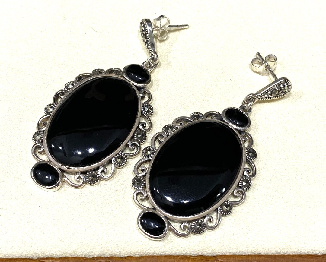 [BLACKMUSE] チェジウ着用☆Antique stone drop Earrings Vintage Sterling Silver Oval Black Onyx & Marcasite Drop