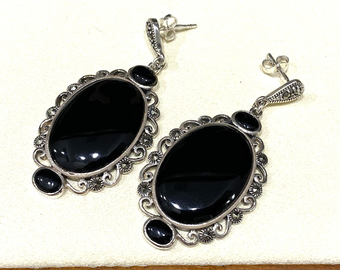 Vintage Sterling Silver Oval Black Onyx & Marcasite Drop Earrings.