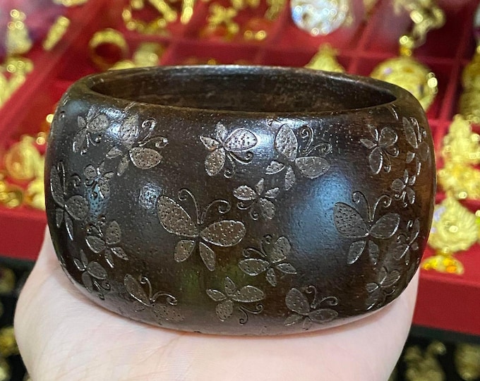 Vintage Brown Wood Carved Butterfly Wide Bangle Bracelet 65MM