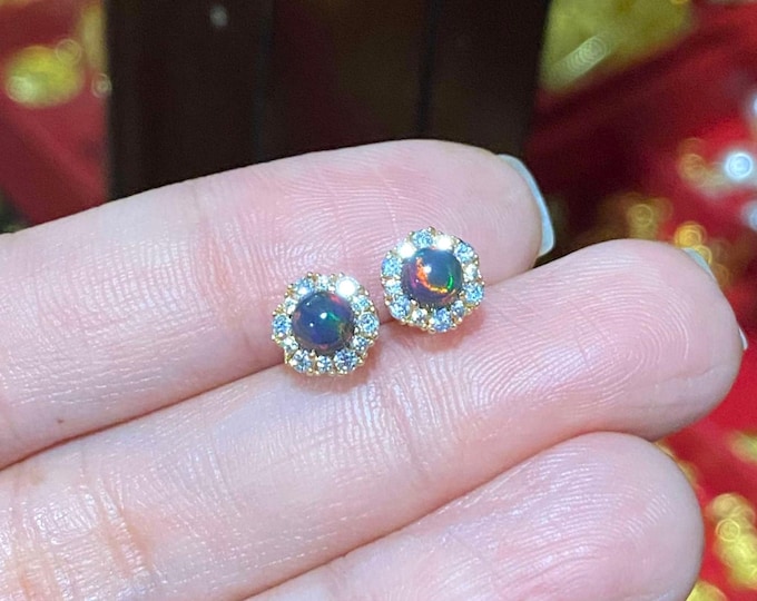 Vintage 14K Solid Yellow Gold Round Black Opal & White Topaz Earrings.